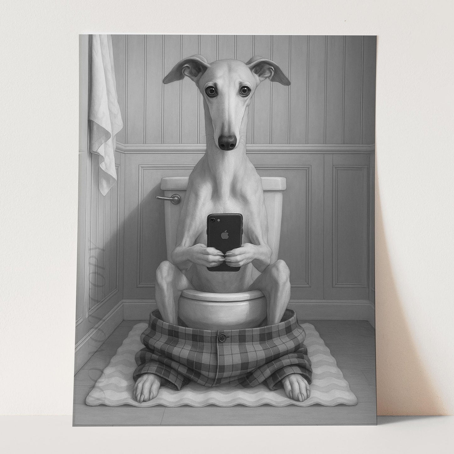 Greyhound Dog On The Phone On The Toilet