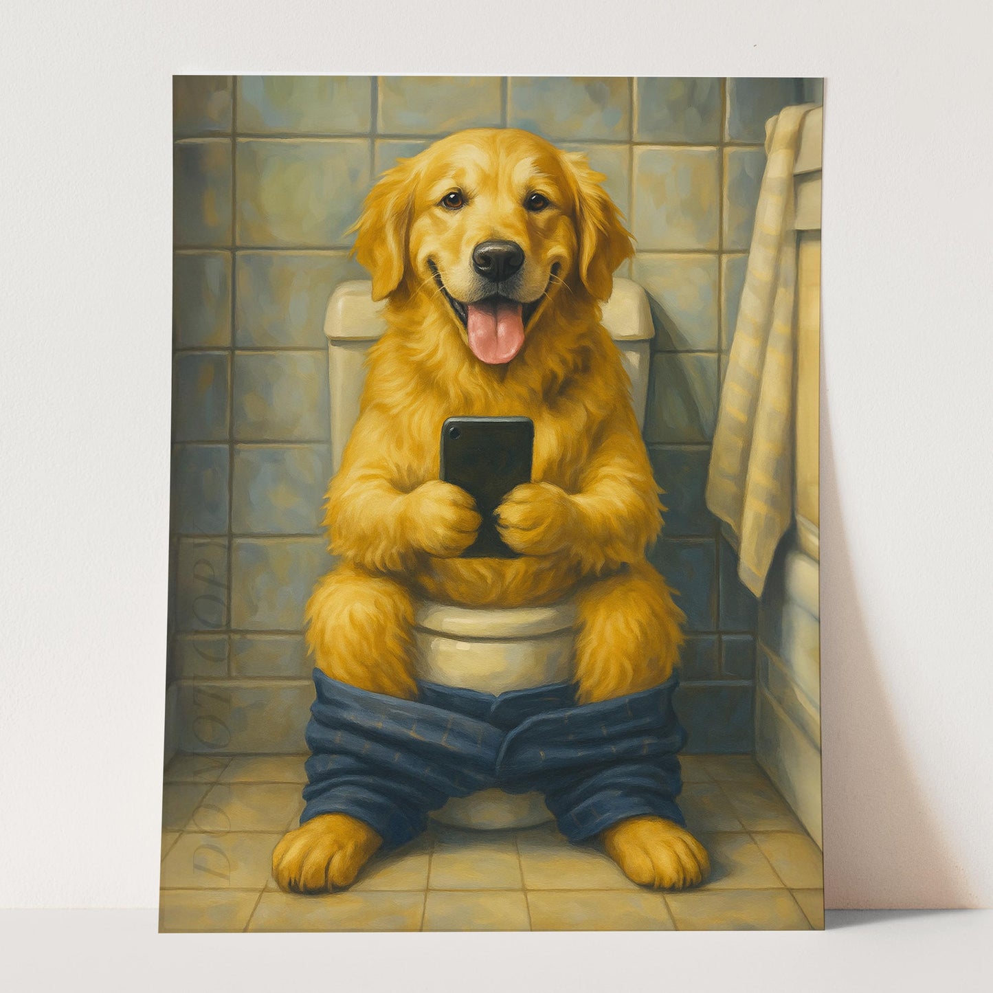 Golden Retriever On The Toilet On The Phone