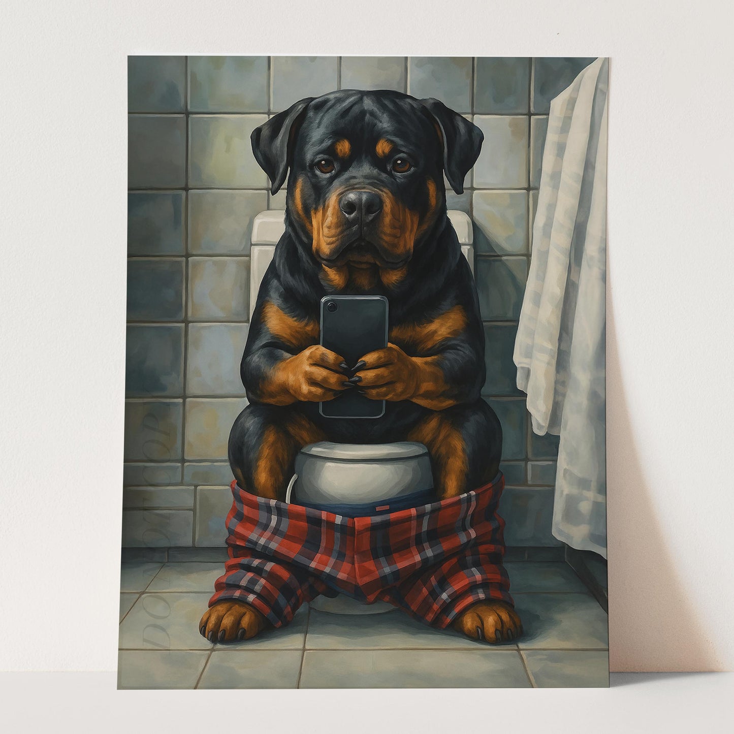 Rottweiler On The Toilet On The Phone