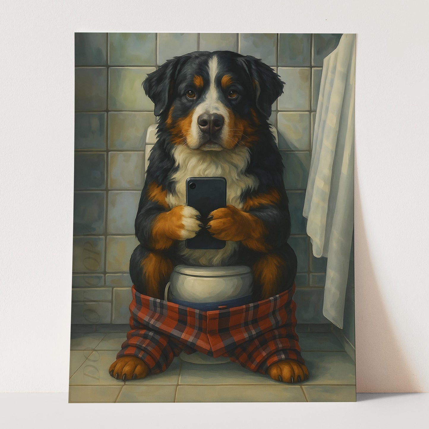 Bernese Mountain Dog On The Toilet On The Phone
