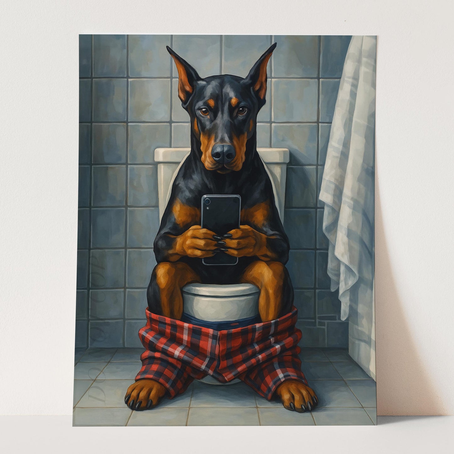 Dobermann On The Toilet On The Phone