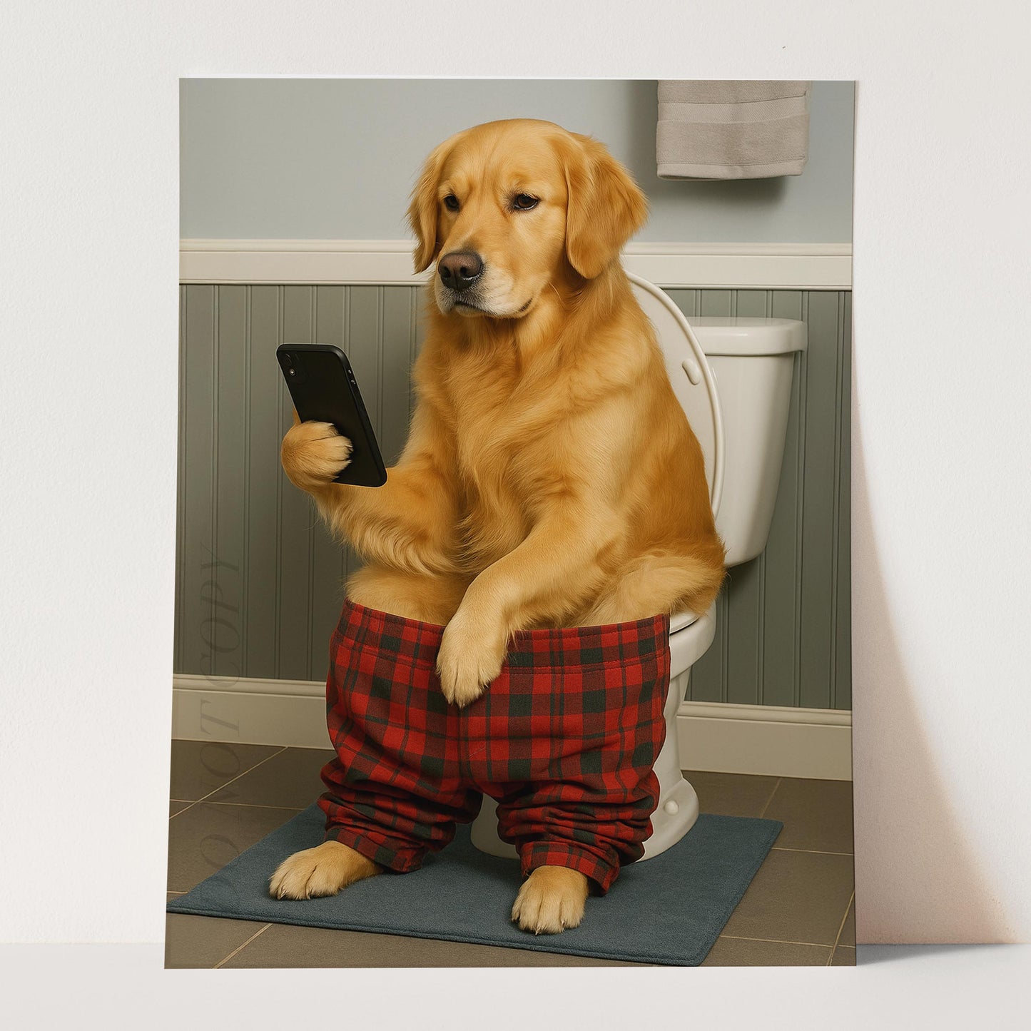 Golden Retriever On The Phone On The Toilet