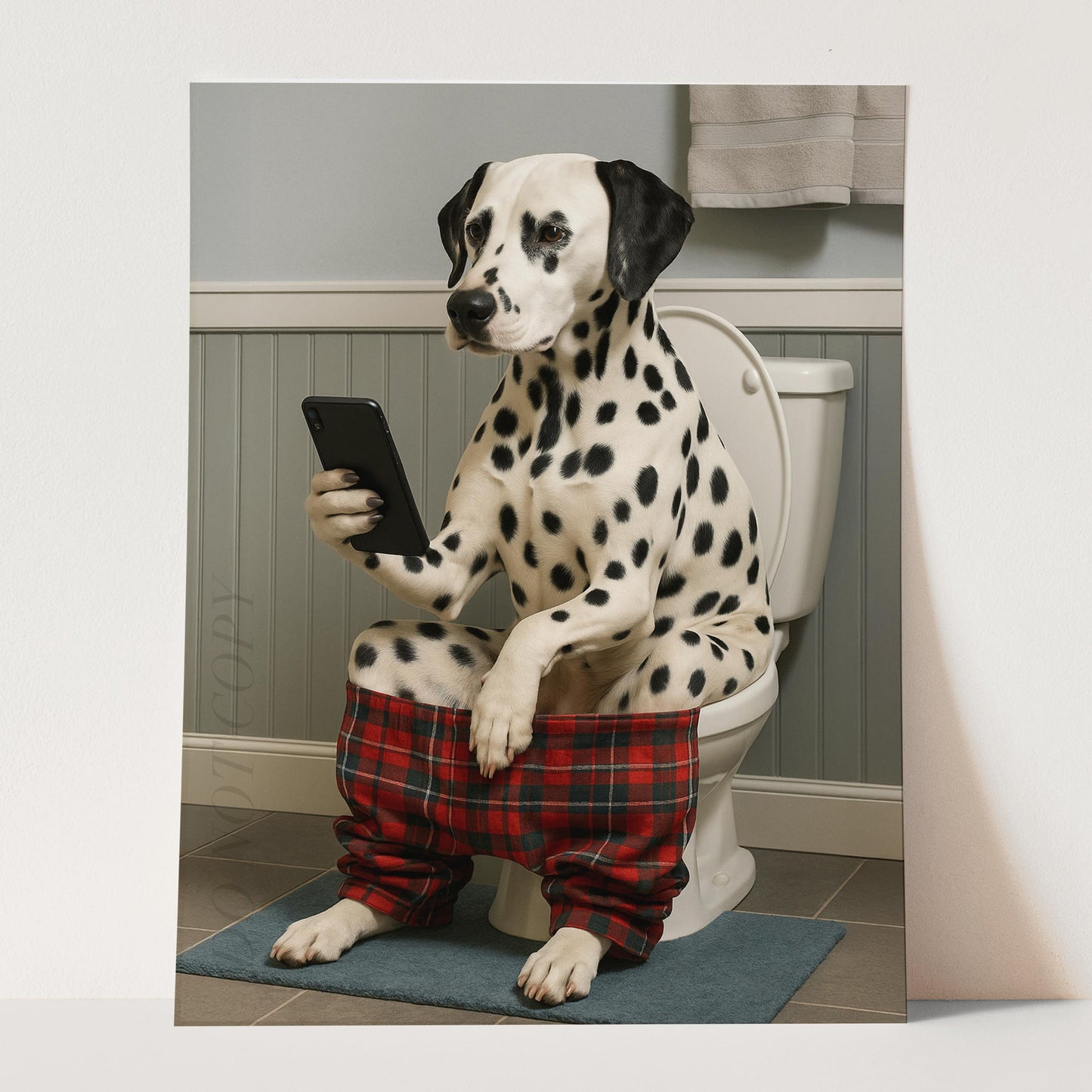Dalmatian On The Phone On The Toilet
