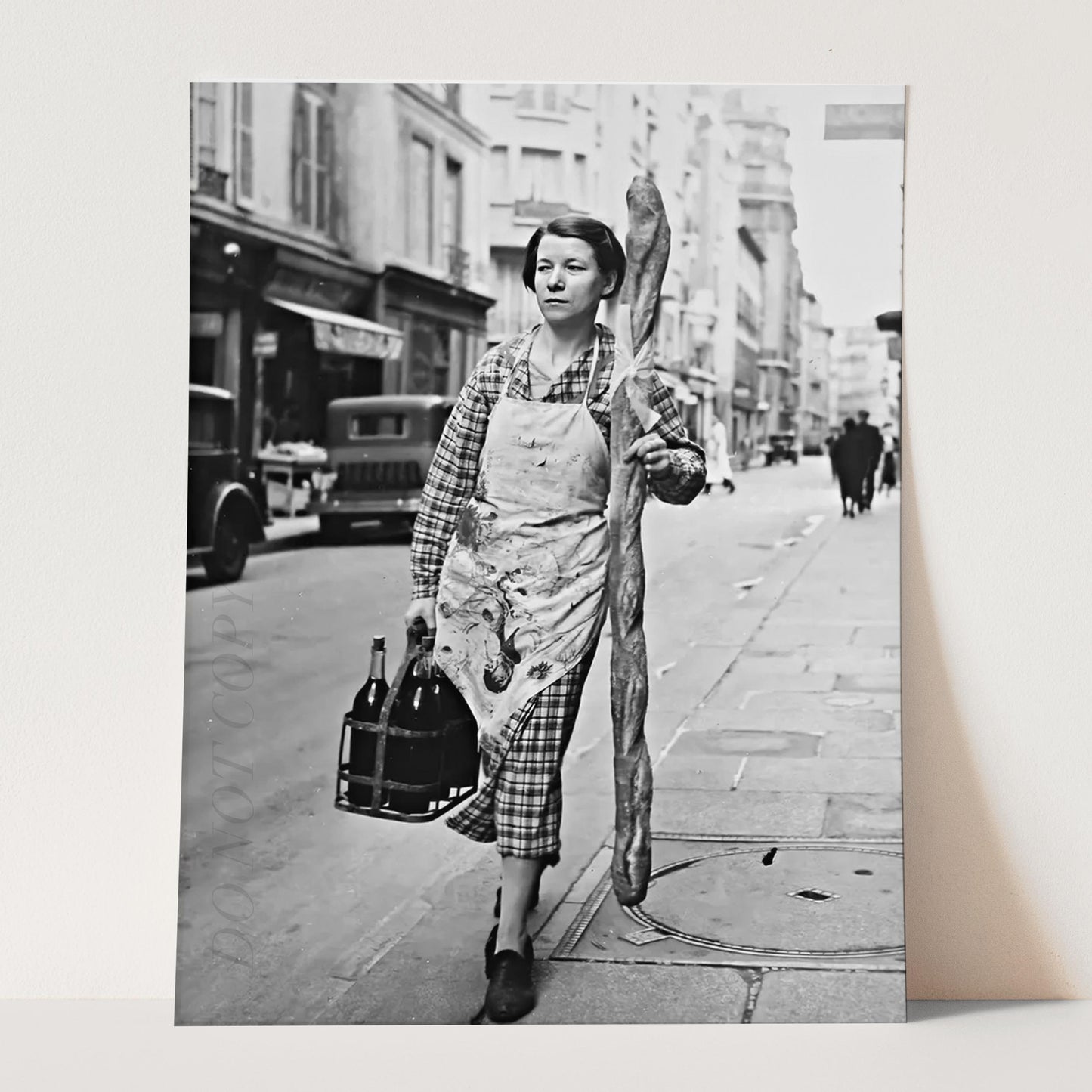 French Woman With Giant Baguette And Wine