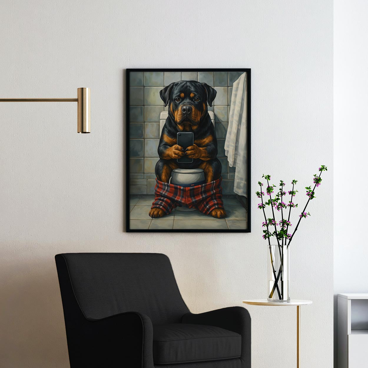 Rottweiler On The Toilet On The Phone