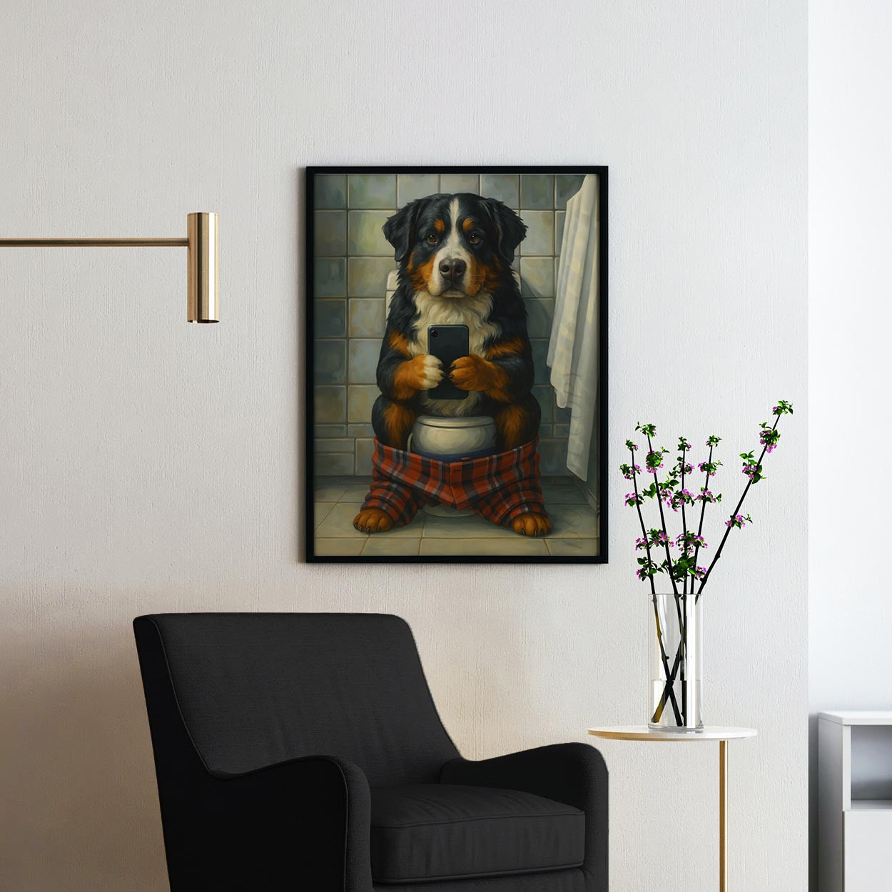 Bernese Mountain Dog On The Toilet On The Phone