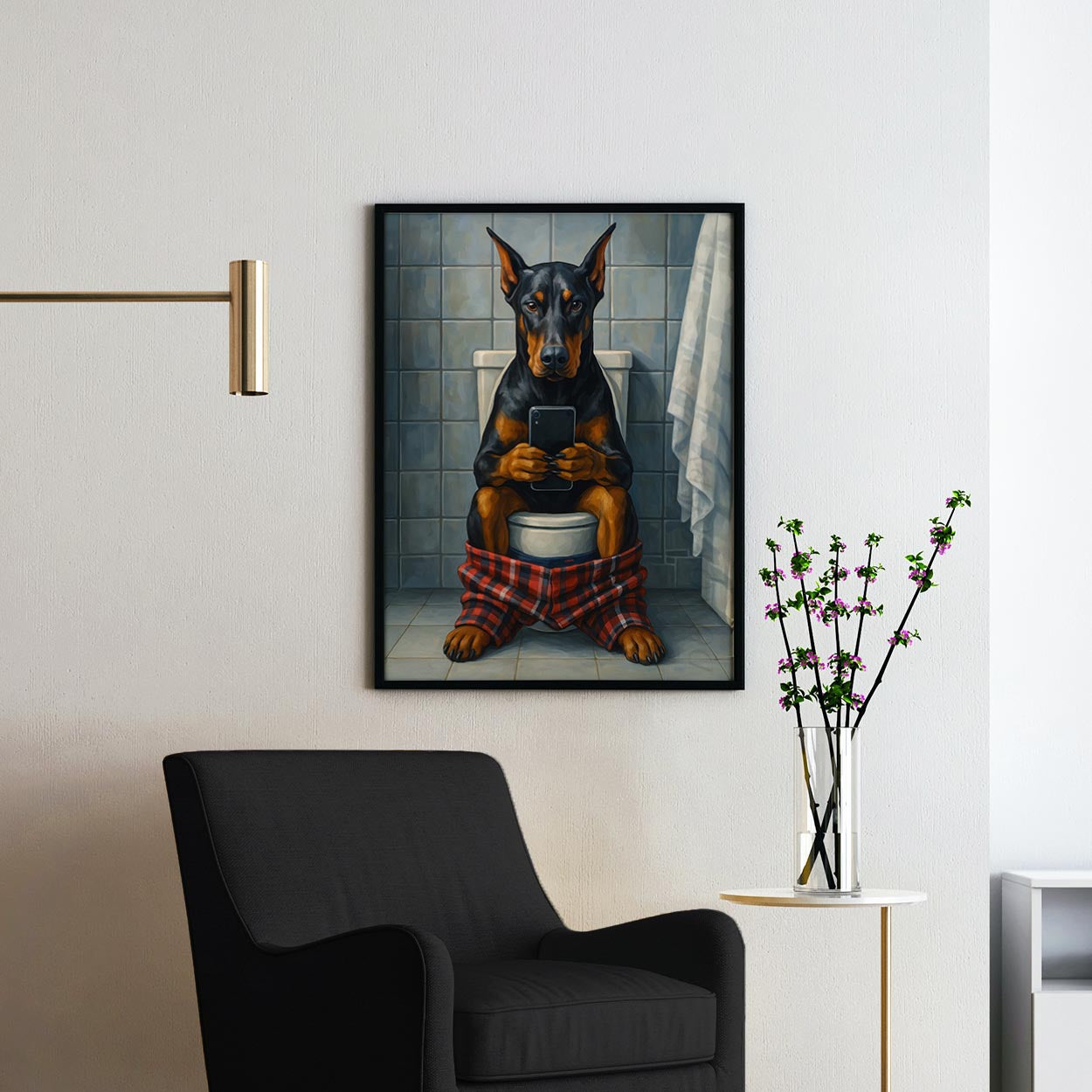 Dobermann On The Toilet On The Phone