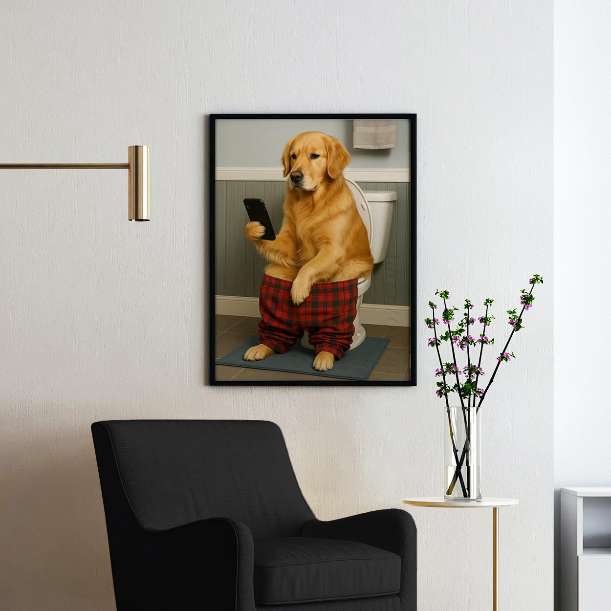 Golden Retriever On The Phone On The Toilet