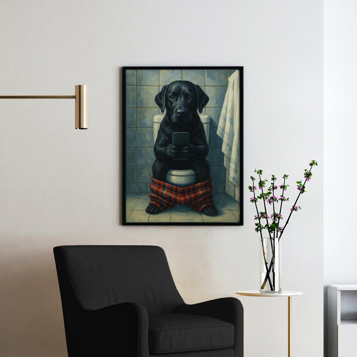 Black Labrador Retriever On The Toilet On The Phone