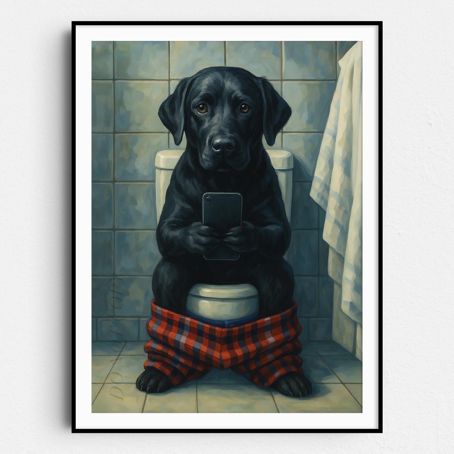 Black Labrador Retriever On The Toilet On The Phone