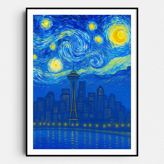 Seattle City Skyline As Van Gogh Starry Night