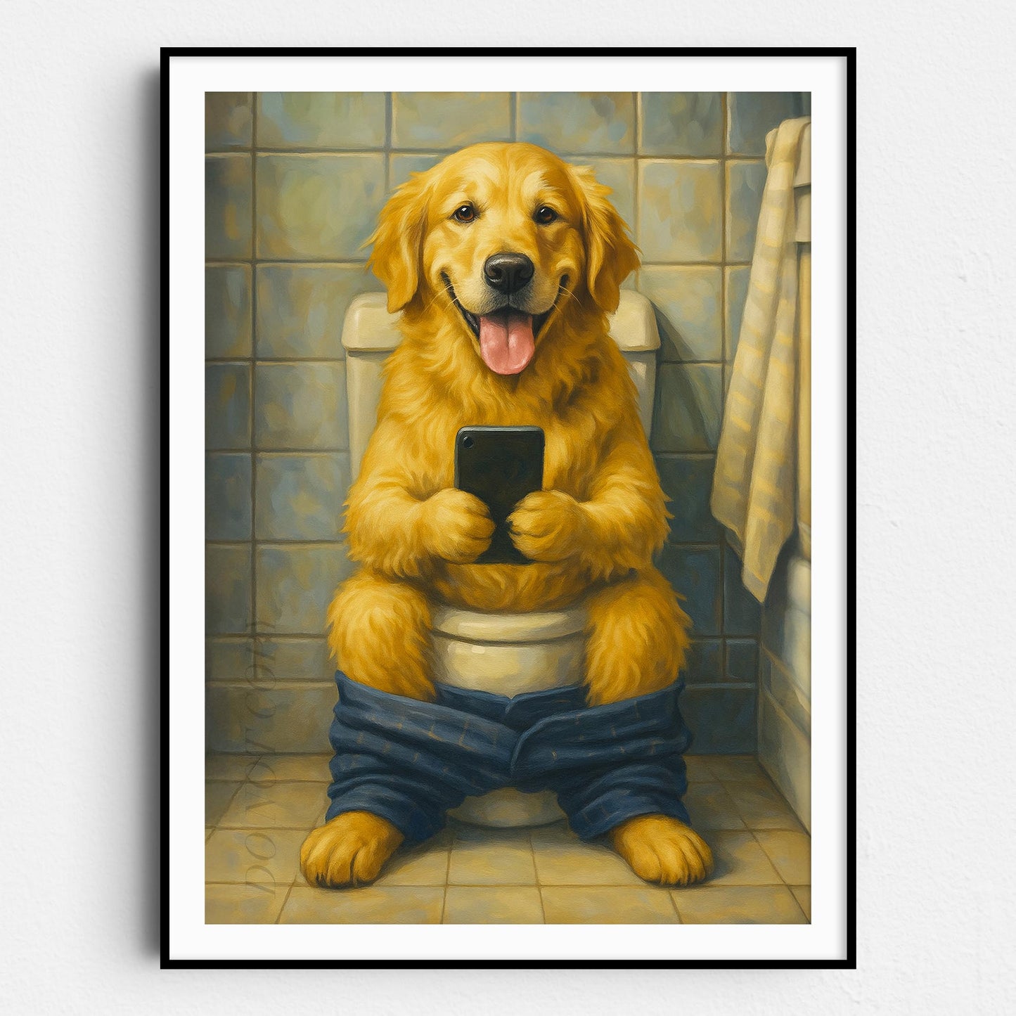Golden Retriever On The Toilet On The Phone