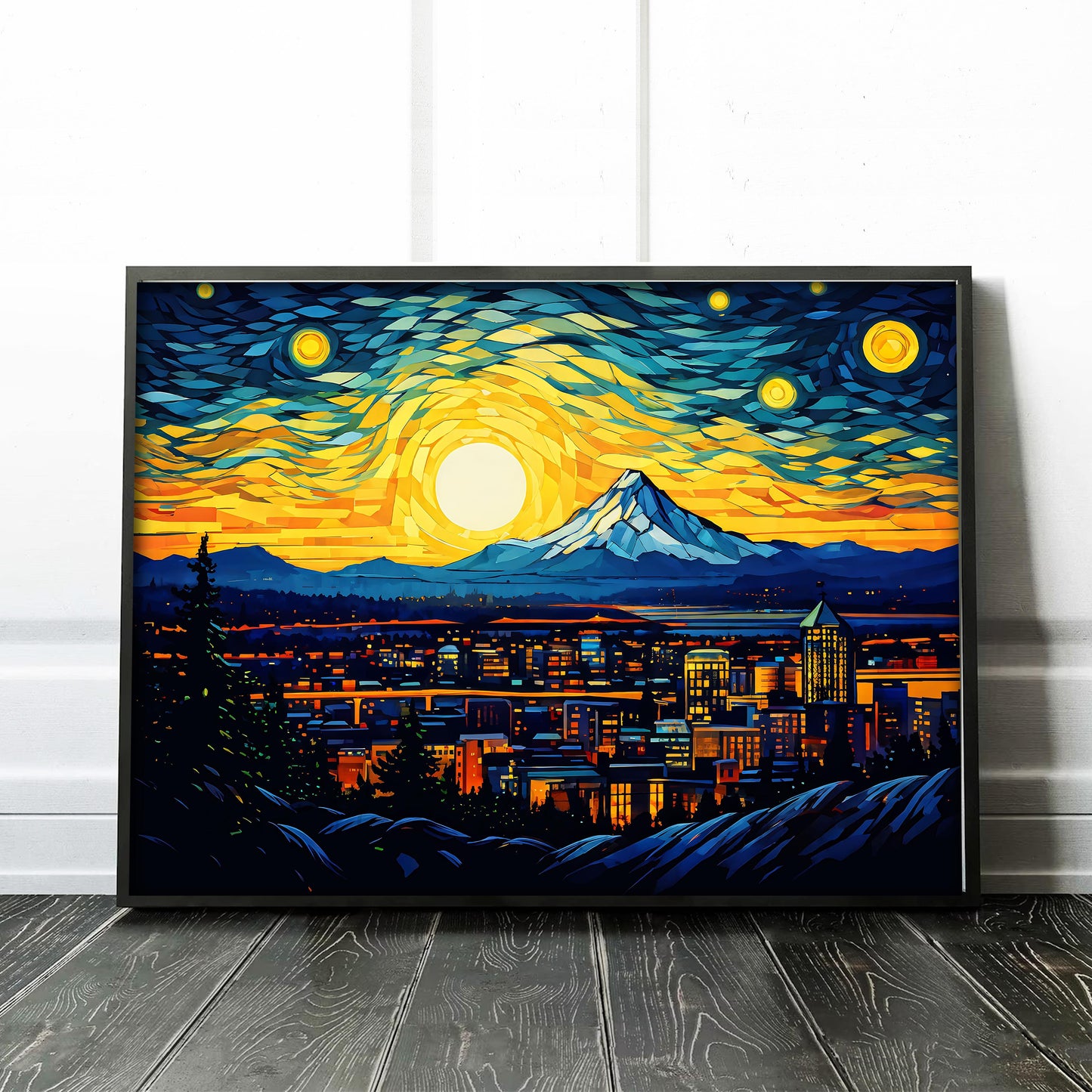 Portland Oregon Skyline as Van Gogh Starry Night