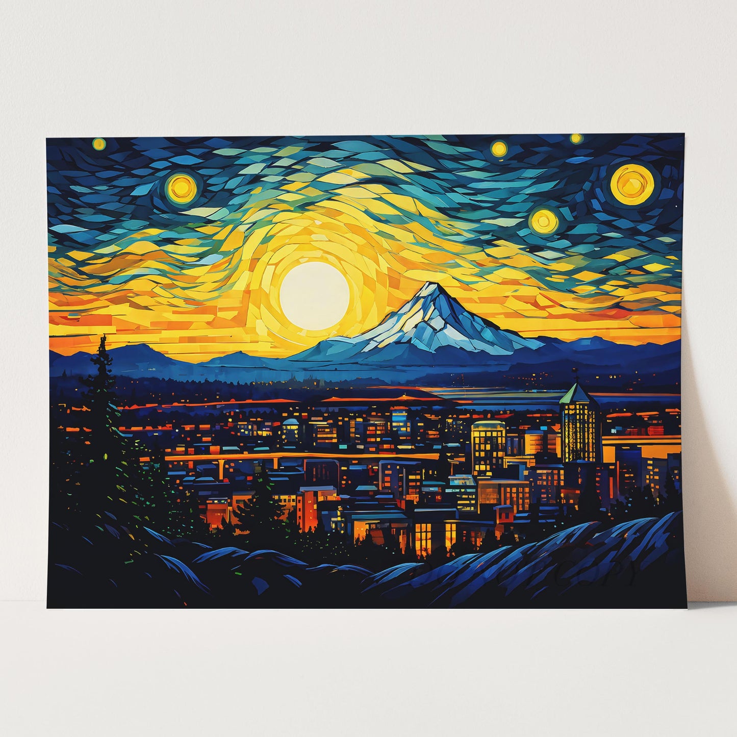 Portland Oregon Skyline as Van Gogh Starry Night