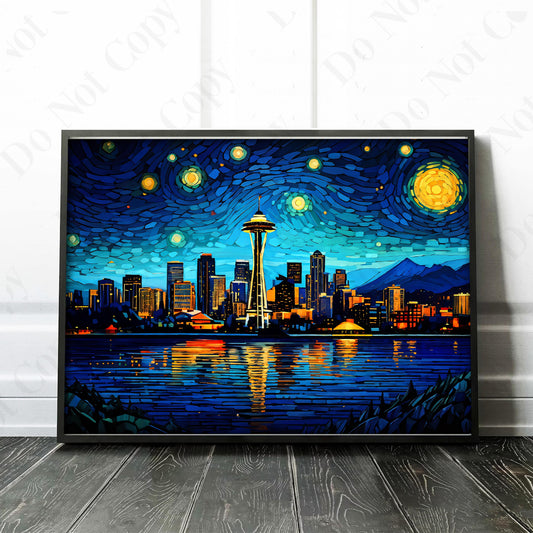 Seattle Washington Skyline as Van Gogh Starry Night