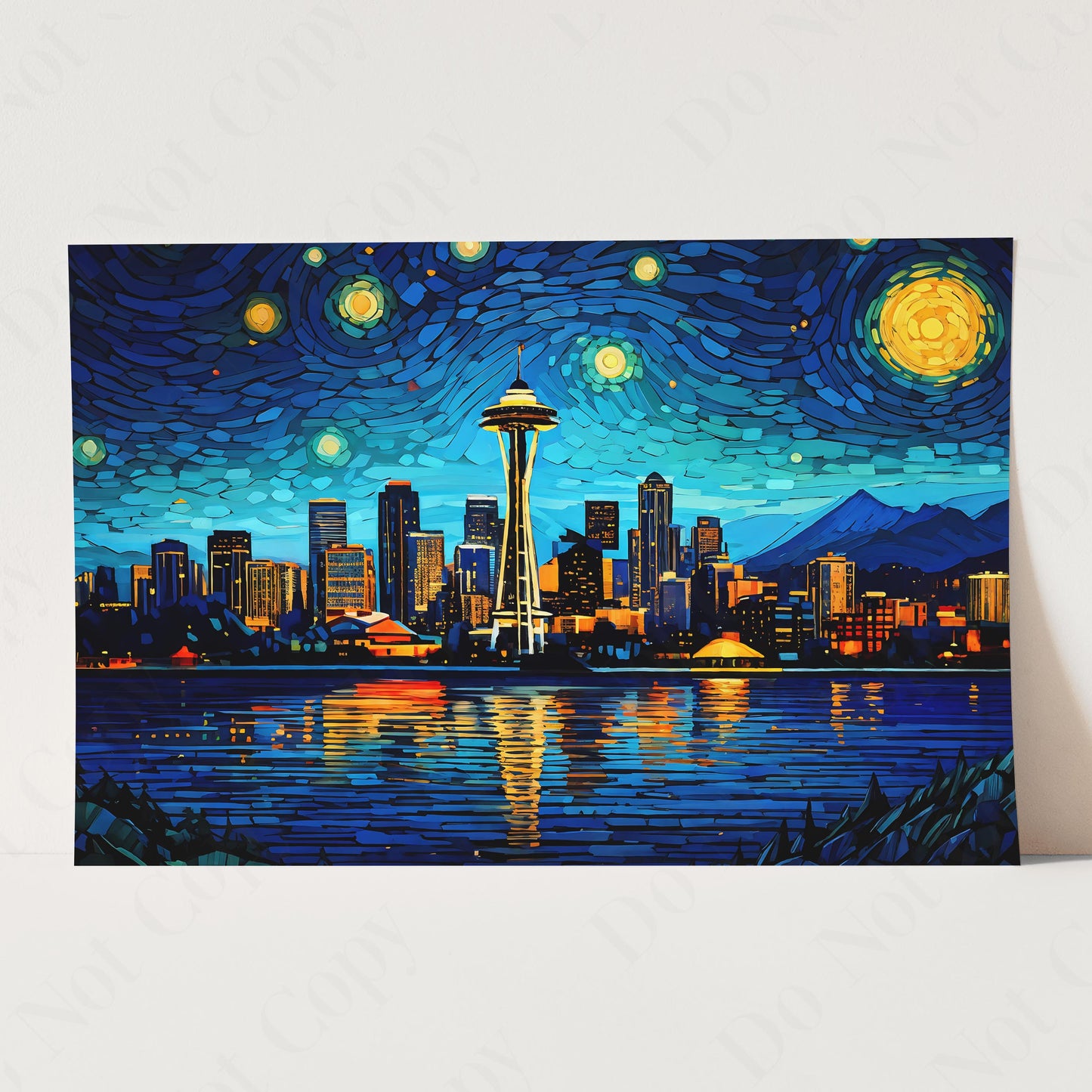 Seattle Washington Skyline as Van Gogh Starry Night
