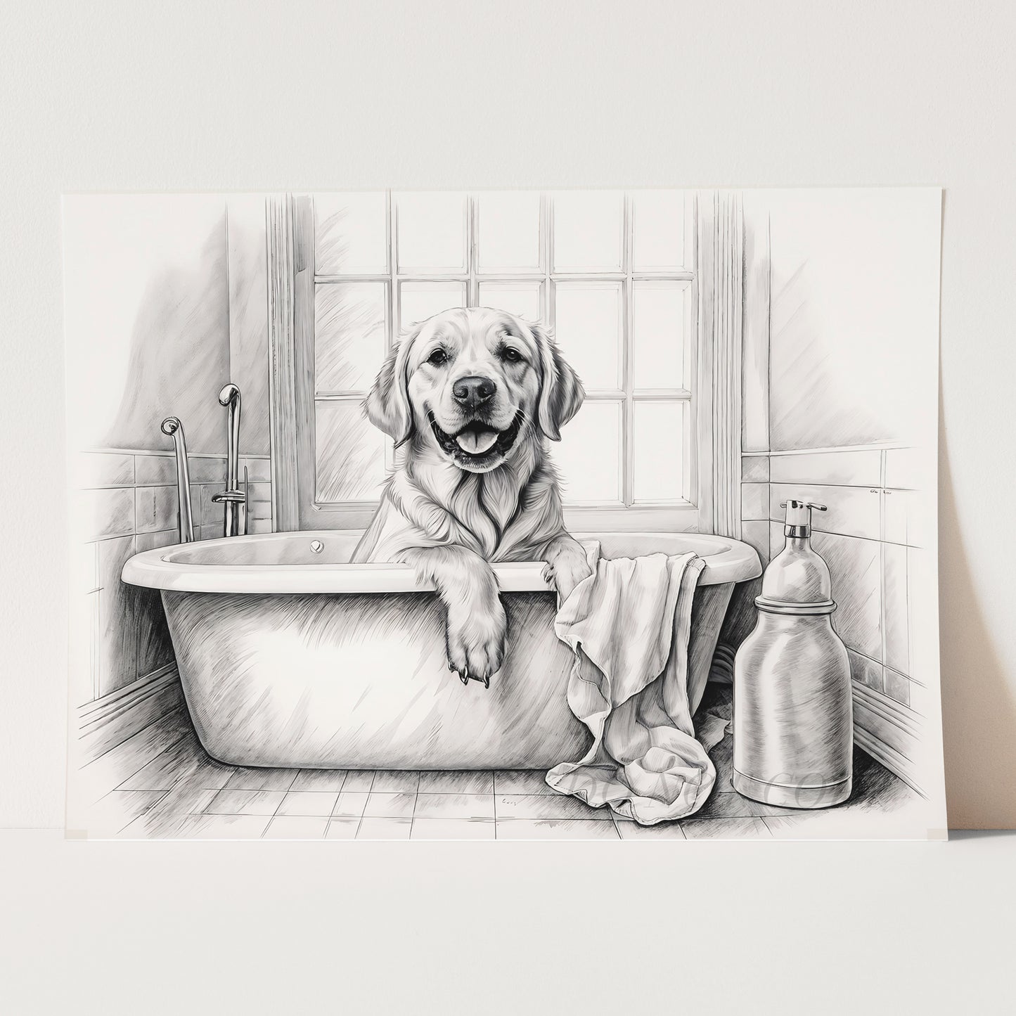 Yellow Labrador Retriever Taking Bath In Bathtub