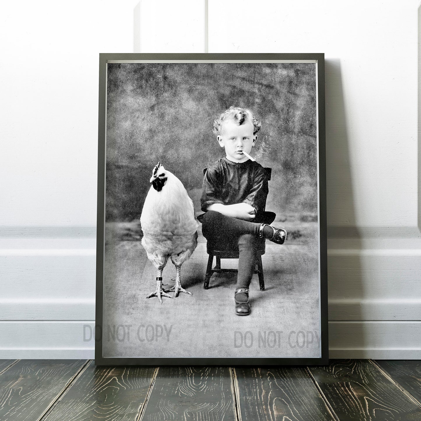 Vintage photo boy with chicken rooster smoking child 1900s