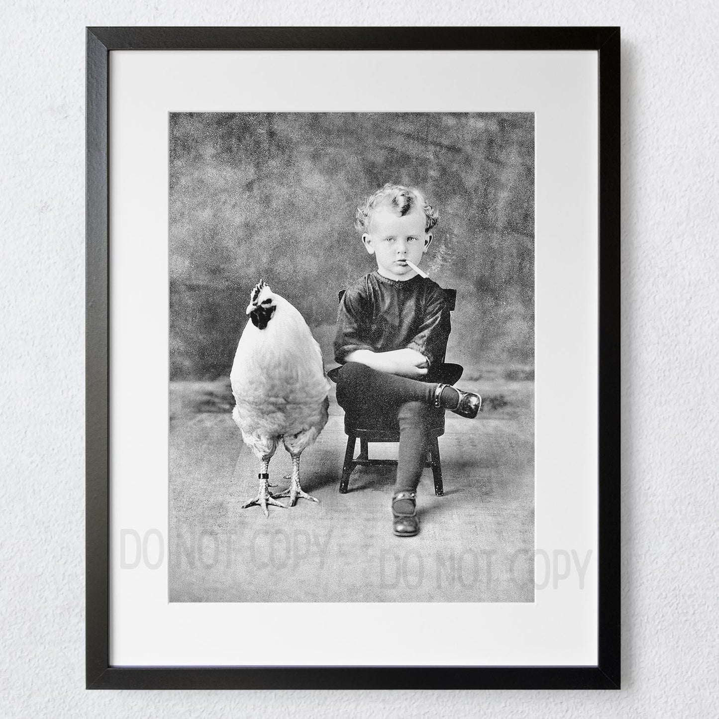 Vintage photo boy with chicken rooster smoking child 1900s