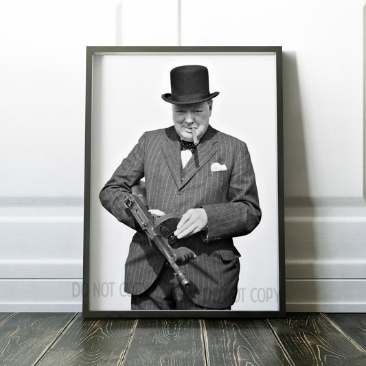 Winston Churchill with tommy machine gun