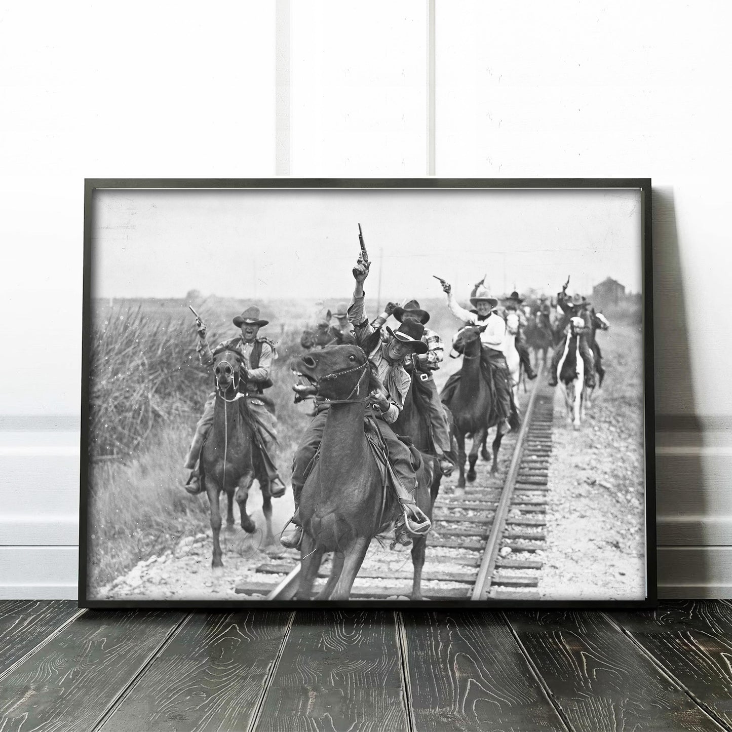 Cowboys Shooting Guns On Horseback