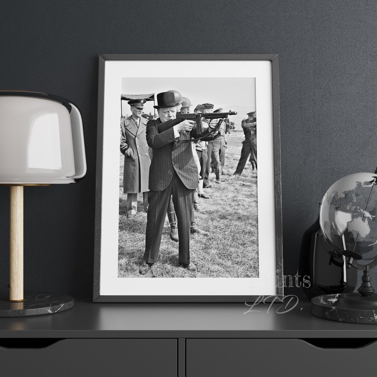Winston Churchill firing machine gun
