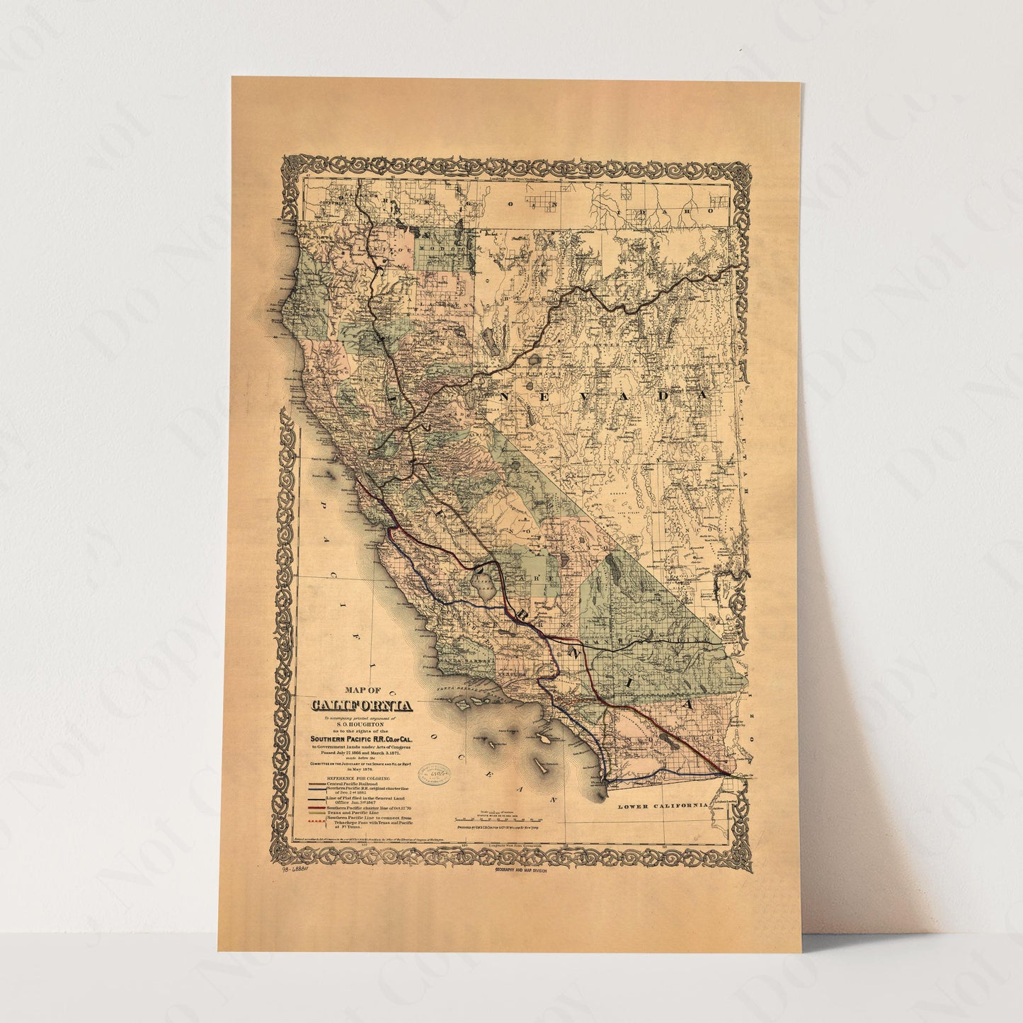 1876 Old Map of California - Southern Pacific Railroad