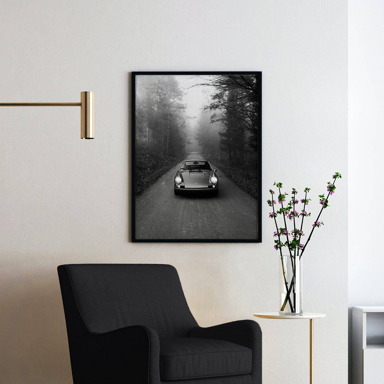Vintage Blue Porsche in the Mist in Black & White