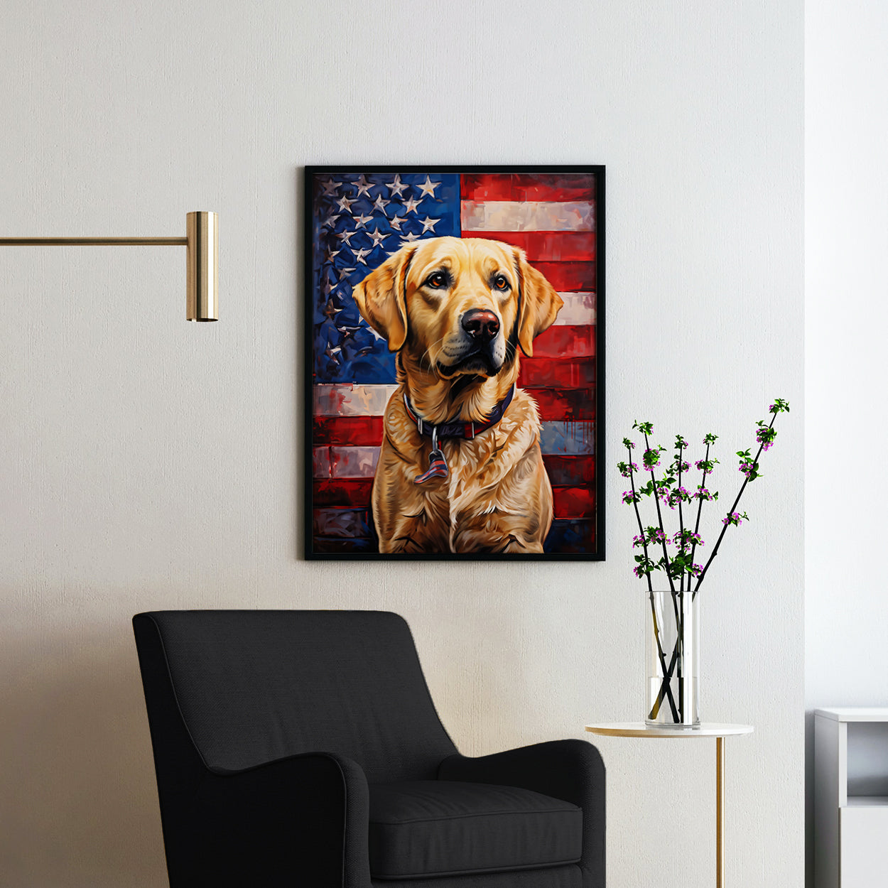 Yellow Labrador With American Flag