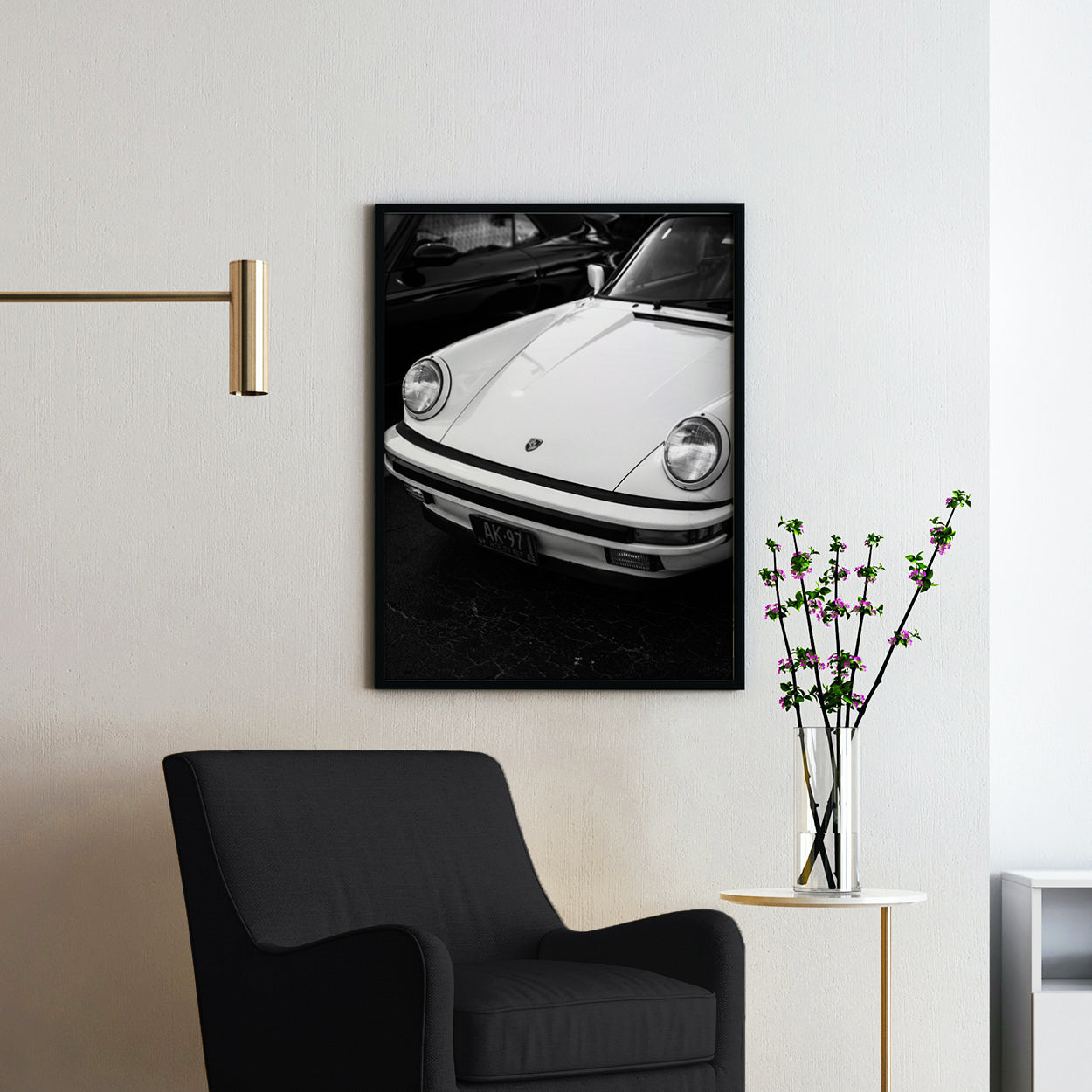 Vintage White Porsche 911 Lights in Black & White