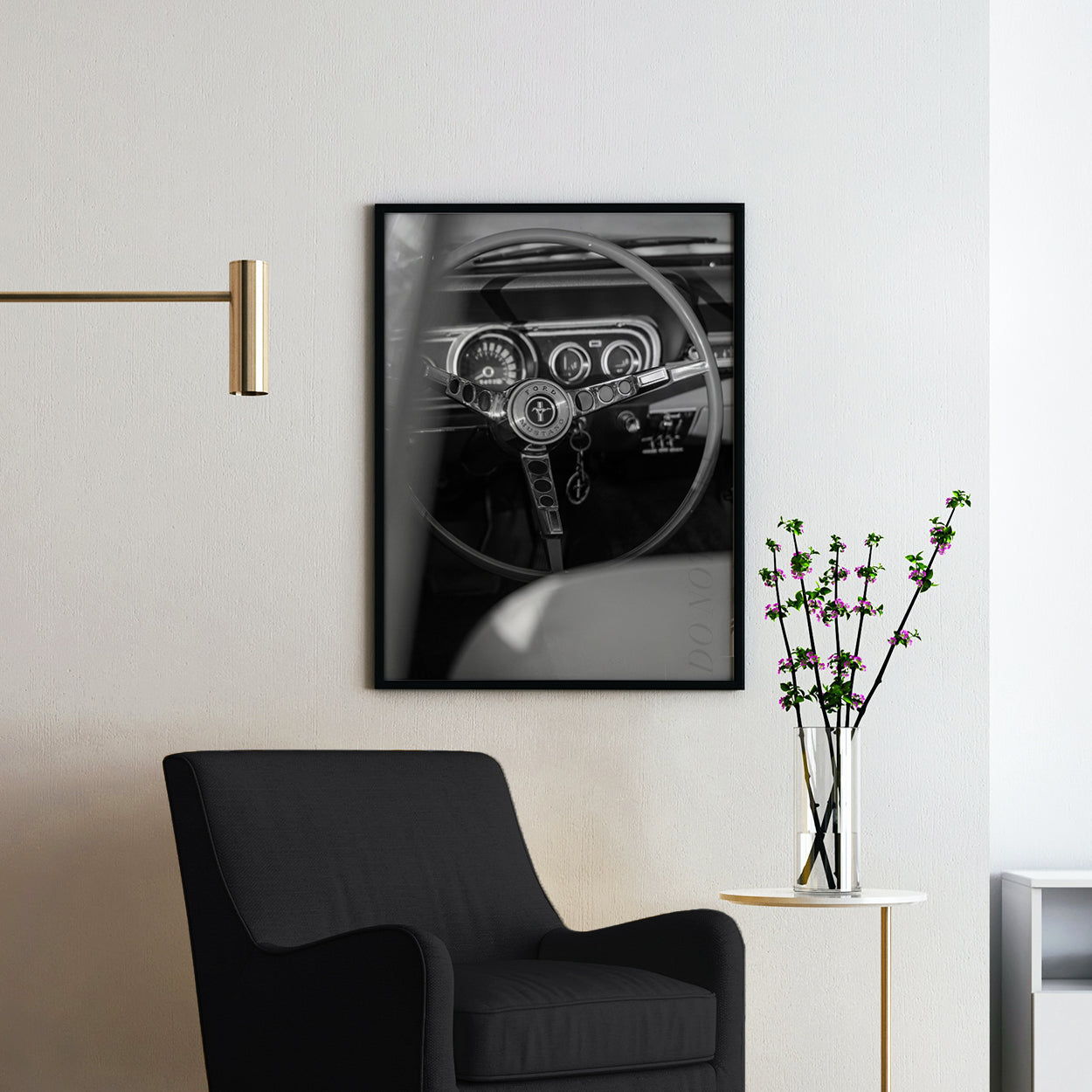 Vintage Ford Mustang Interior in Black & White