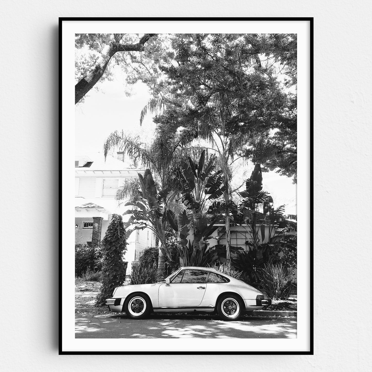 Vintage Porsche 911 Under Palm Trees in Black & White