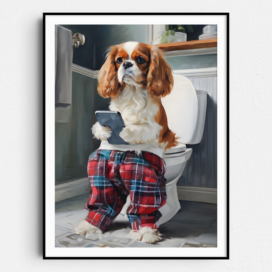 Cavalier King Charles On The Phone On The Toilet