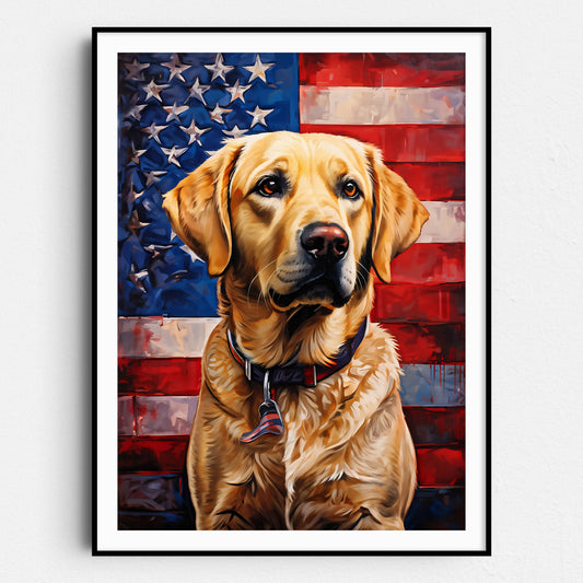 Yellow Labrador With American Flag