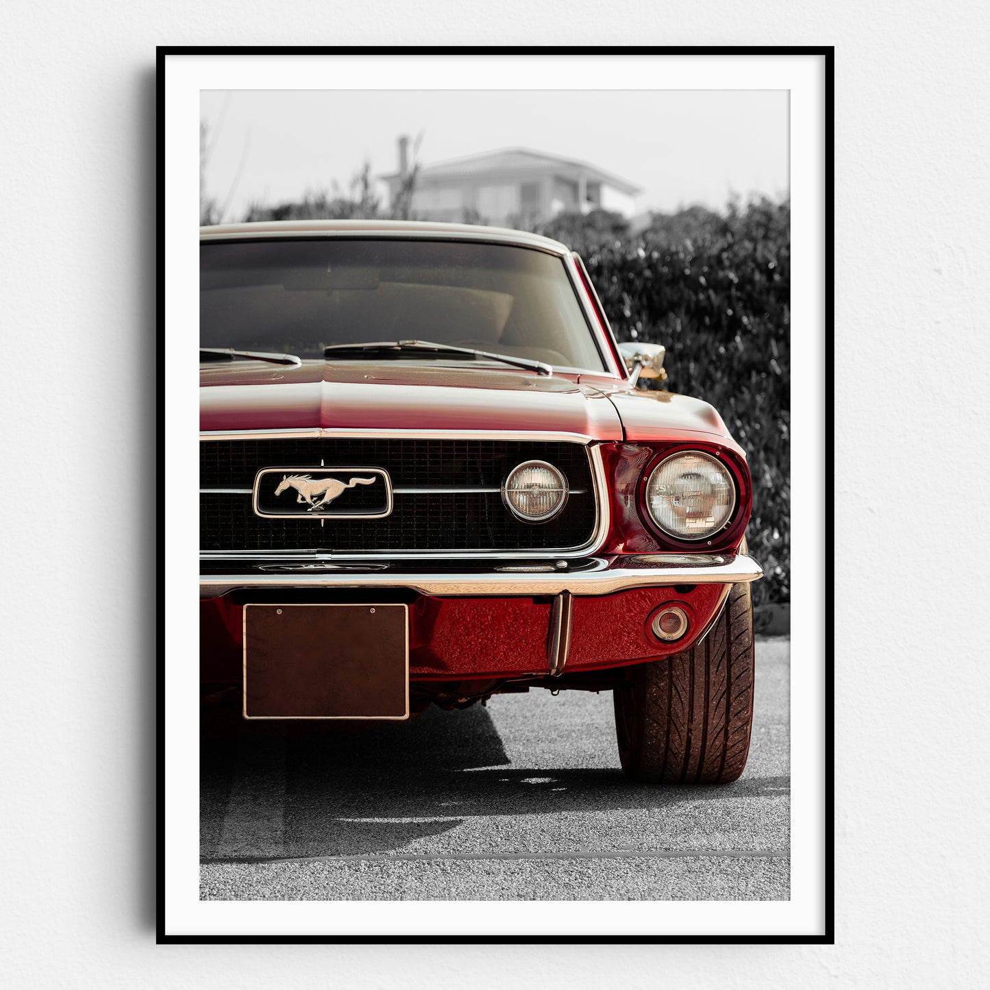 Vintage Red Ford Mustang on Black & White