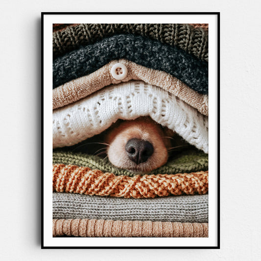Dog Hiding Between Sweaters