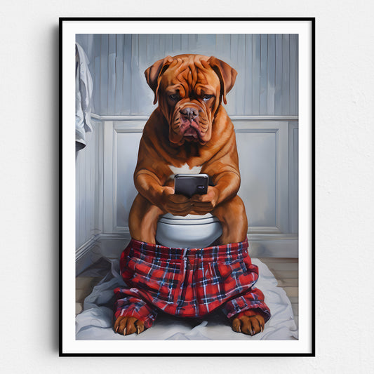French Bordeaux Mastiff On The Phone On The Toilet