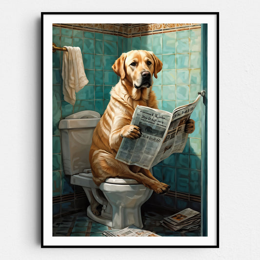 Labrador Retriever Reading The Newspaper On The Toilet