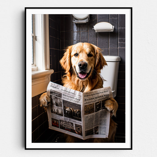 Golden Retriever Reading The Newspaper On The Toilet
