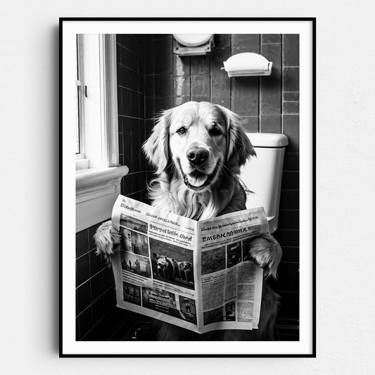 Golden Retriever Reading Newspaper On Toilet
