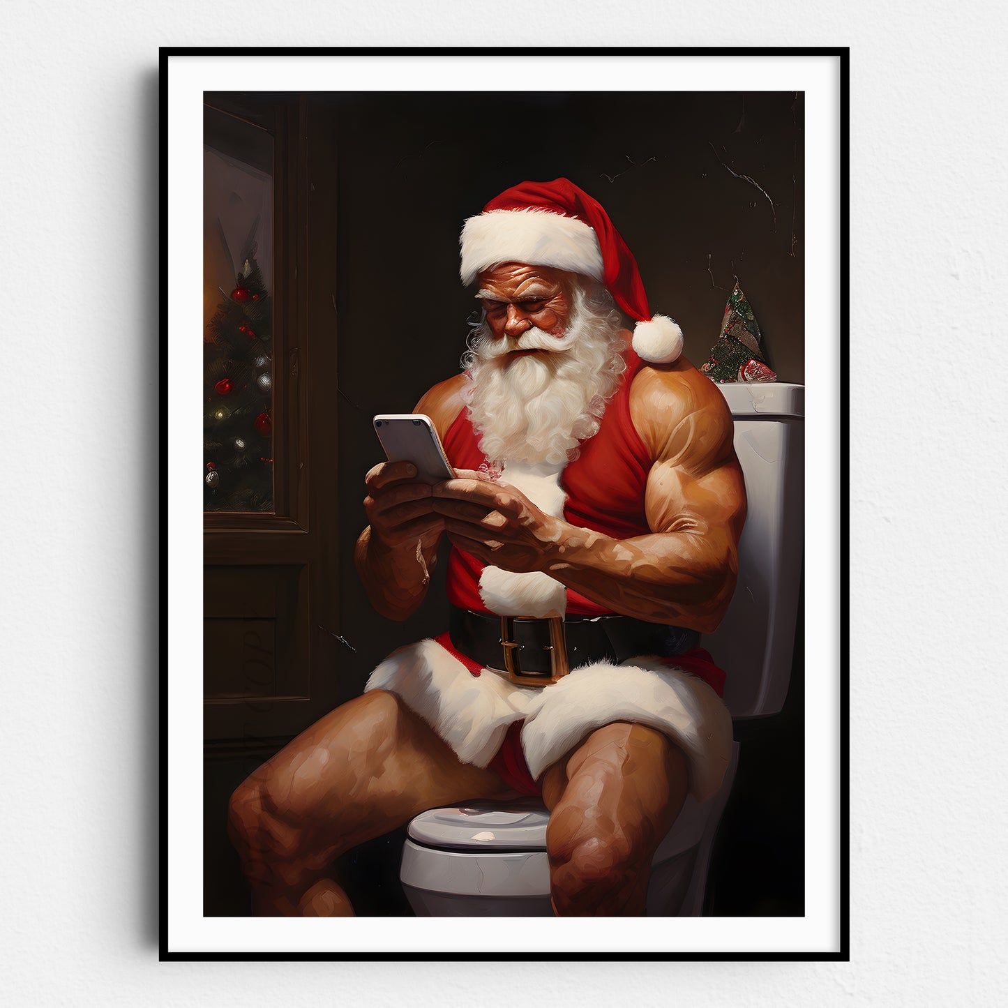 Jacked Santa Claus on His Phone on the Toilet