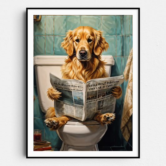 Golden Retriever Reading A Newspaper On The Toilet