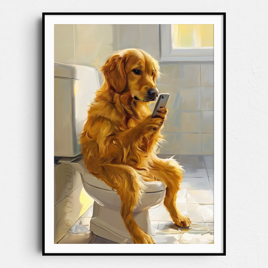 Golden Retriever On Phone On The Toilet