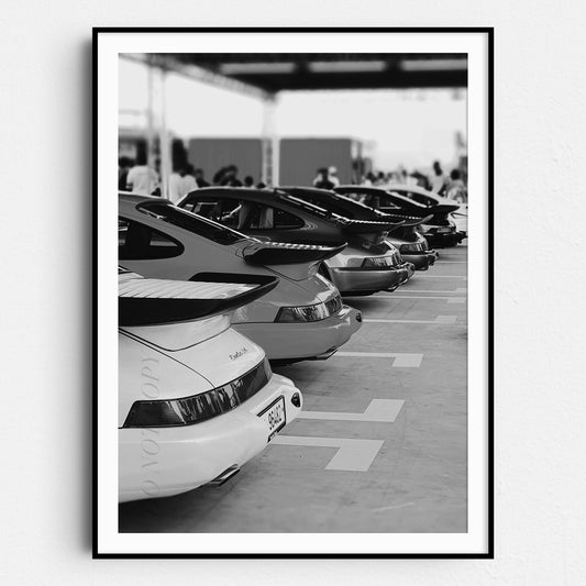 Garage Full of Vintage Porsches in Black & White