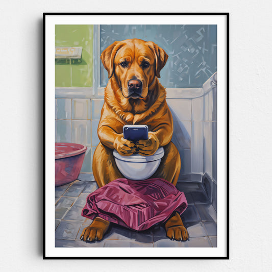 Yellow Labrador Retriever On Phone On The Toilet