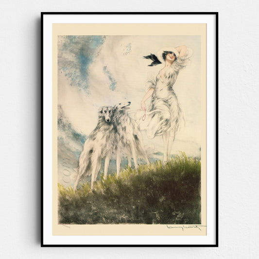 Icart Fashion Lady Joy of Life Borzoi Dogs Art Deco Vintage Poster