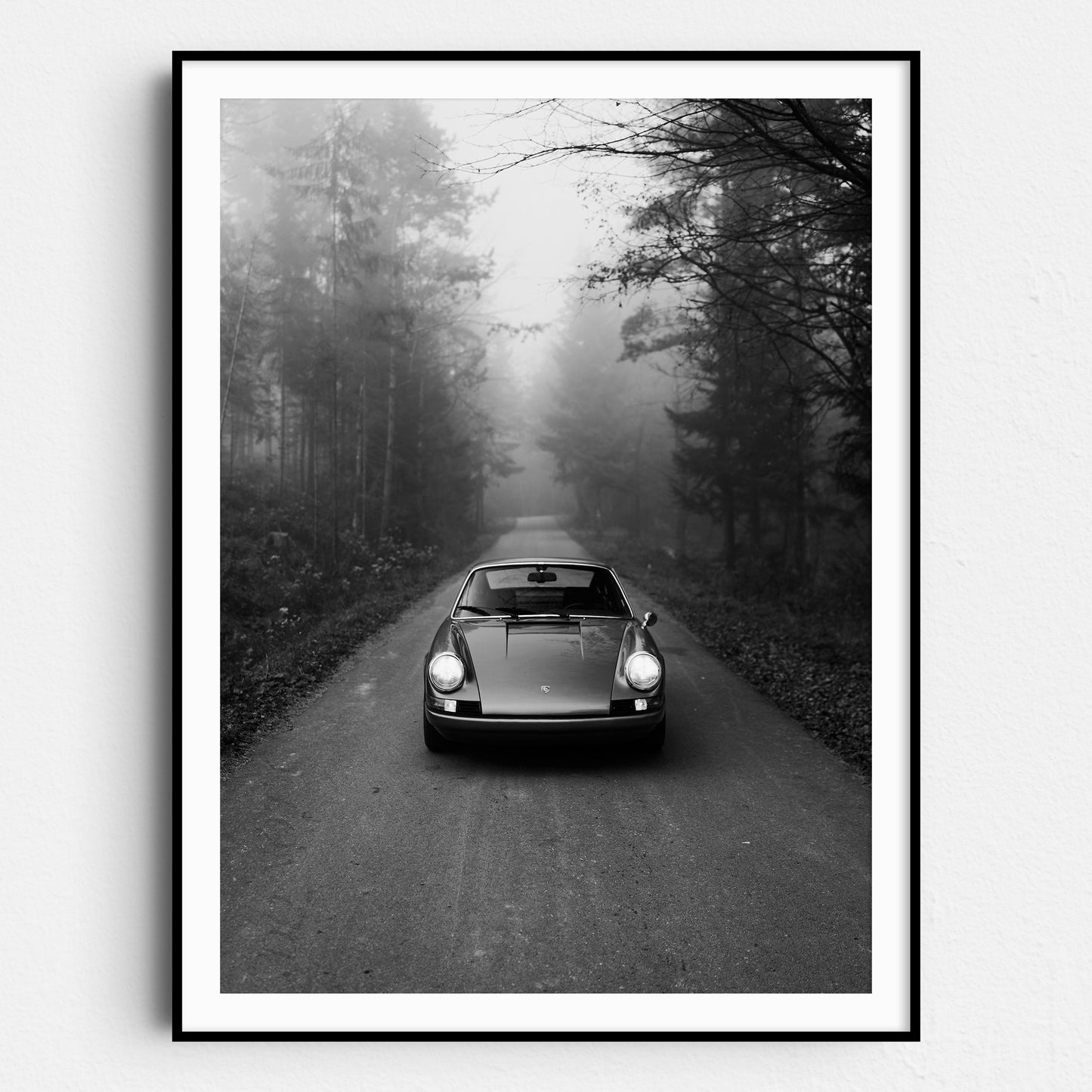 Vintage Blue Porsche in the Mist in Black & White