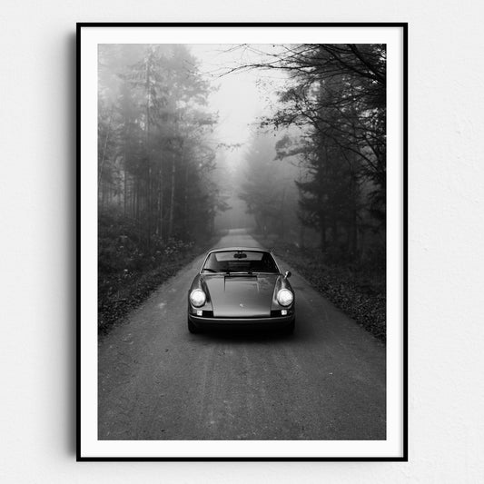 Vintage Blue Porsche in the Mist in Black & White