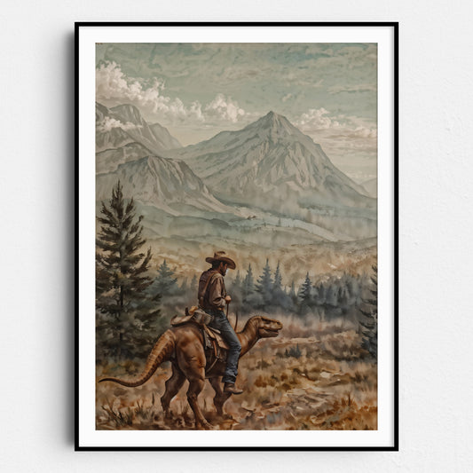 Cowboy on Dinosaur In Mountains