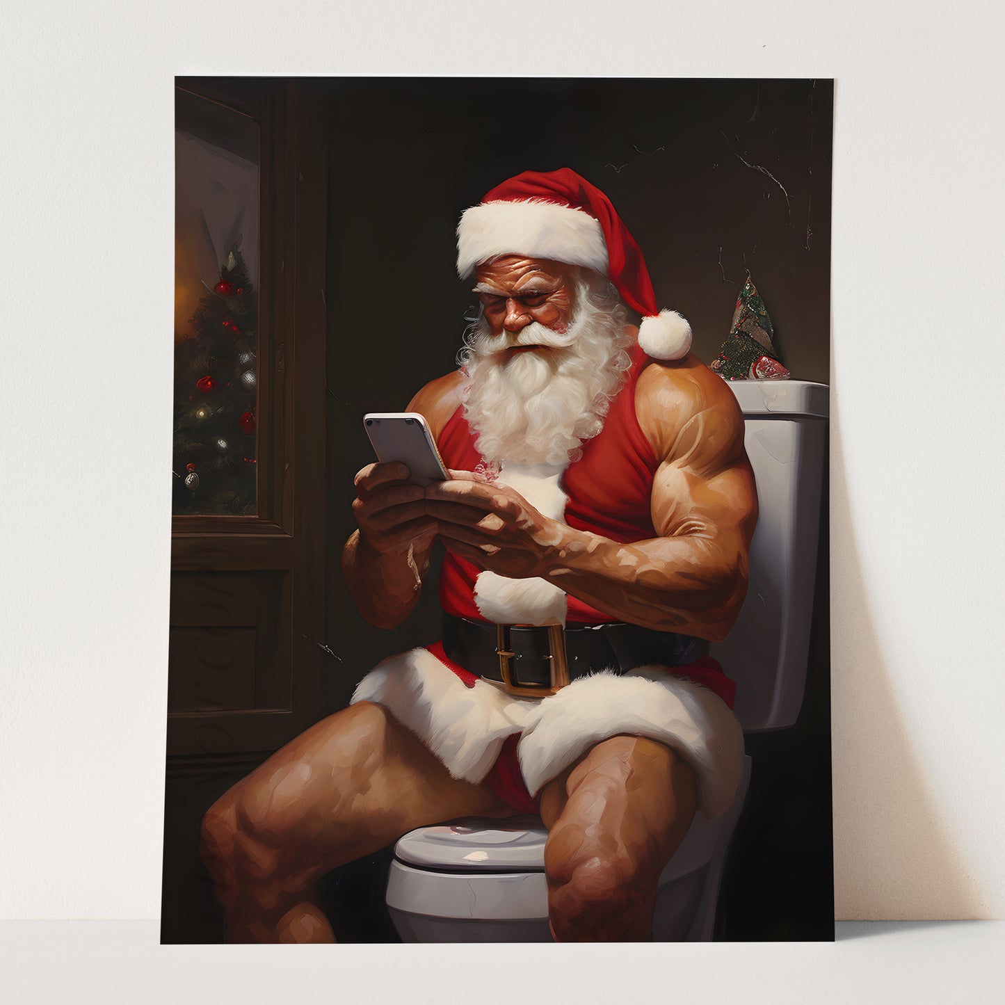 Jacked Santa Claus on His Phone on the Toilet